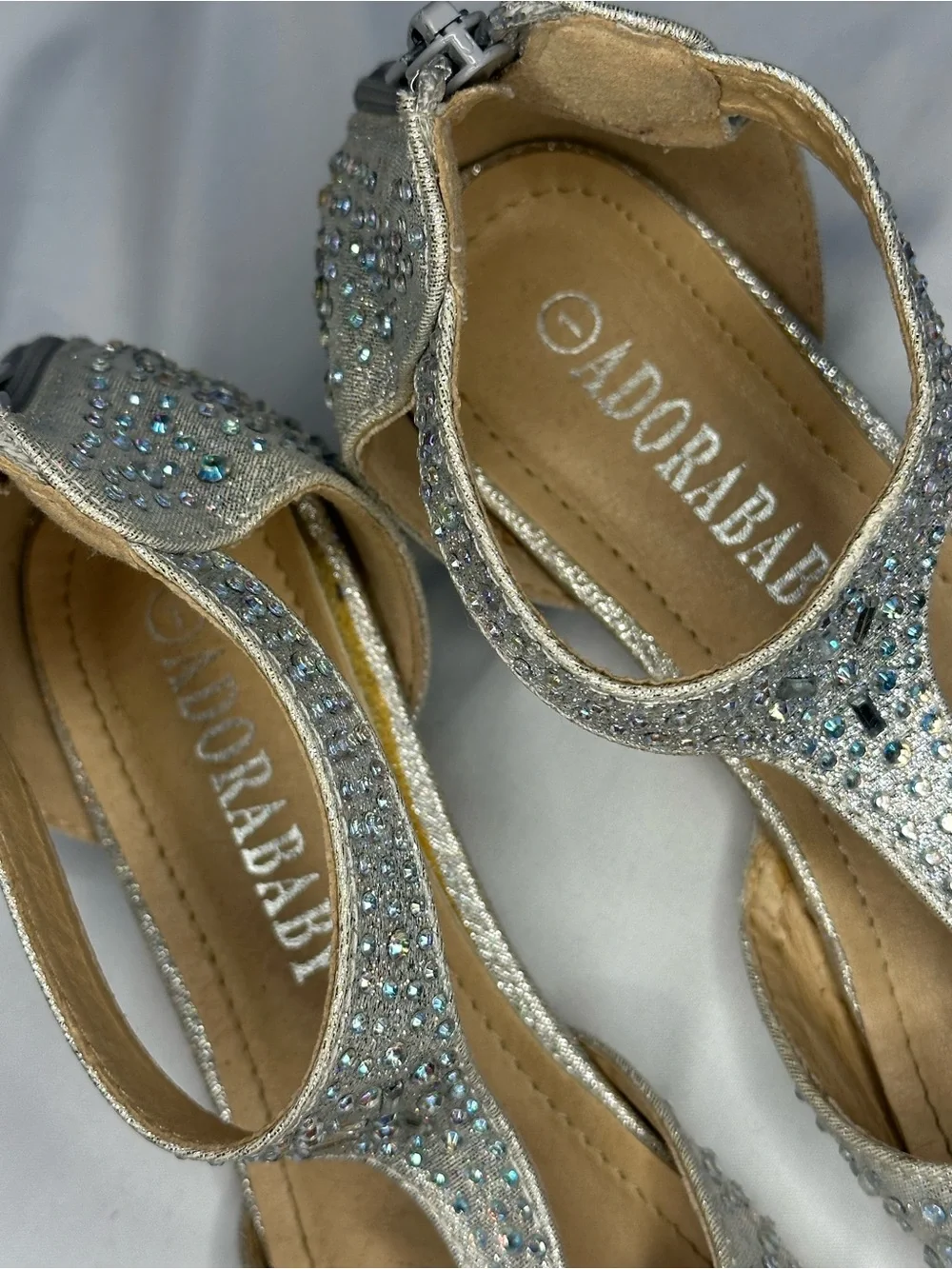 ADORA Silver Crystal-Embellished T-Strap Heels